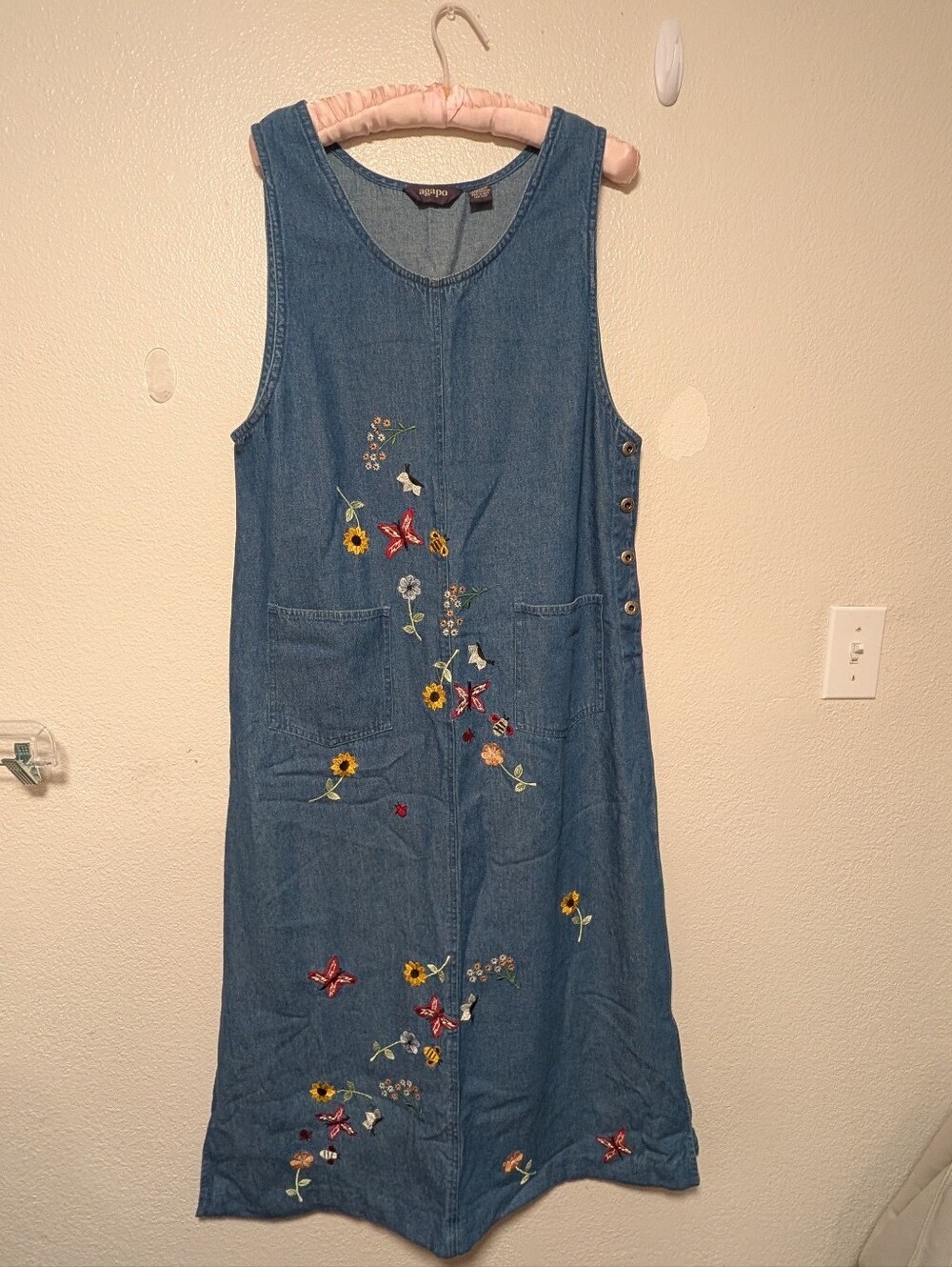 Vintage 90s Denim Embroidered Floral Dress - Blue Sz Medium